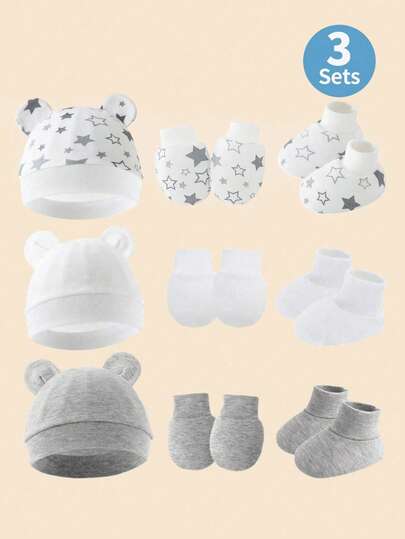 3pcs Set Newborn Baby Ear Hat + Anti-Scratch Mittens + Foot Cover, Multi-Color, Suitable For Daily Wear
