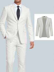 Furuyal 男士两件套西装外套，纯色西装外套领带套装，长袖，双排扣修身款/单排扣款，适合旅行、婚礼、派对、商务、舞会等场合，象牙白，尺码 XS-3XL - 白色 - 查看 2