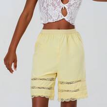 Women Loose Half Slip Shorts Loose Fit Lace Trim Pettipants Culotte Slip Bloomers Split Underwear Shorts Summer Pajama Shorts Sleepwear - 黃色 - 查看 4