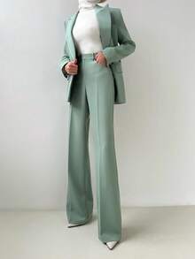 Elegant basic business pendling outfit: Midja åtsittande, vanliga axlar, långärmad kavaj + högmidjade utsvängda byxor, vårkostym - Grön - Visa 3