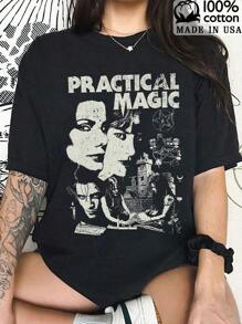 Camiseta con estampado gráfico, manga corta, cuello redondo, informal, para verano y primavera, ropa de mujer
