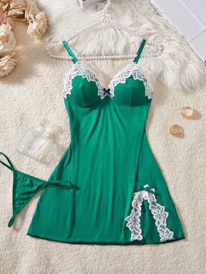 AESKEIA V 领蕾丝拼布撞色性感设计女式睡袍配丁字裤，细肩带内衣睡裙，外出