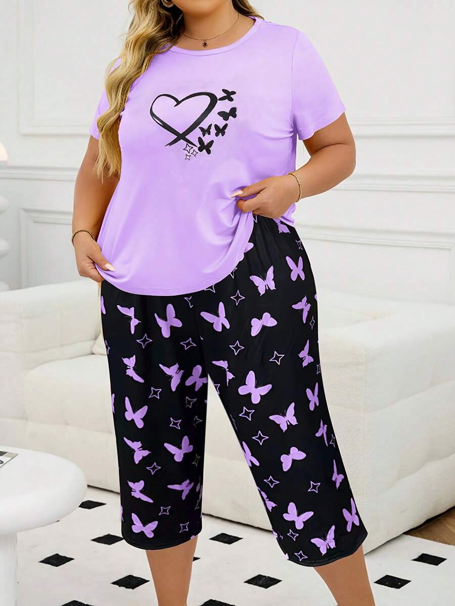 Plus Size Women Casual Butterfly Print Short Sleeve T-Shirt And Capri Pants Pajama Set, Comfortable Loungewear 2 Pieces, Suitable For Spring, Summer, Outfits With Slight Stretch