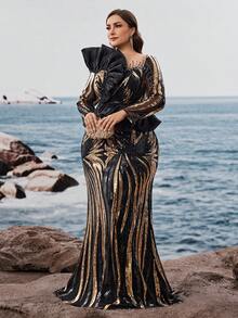 BluePlum 奢华长袖亮片刺绣美人鱼晚礼服，正式优雅加大码荷叶边阿拉伯串珠连衣裙，花卉图案时尚鸡尾酒会舞会礼服，女士及地精致迷人金色婚纱春季礼服 - 金色 - 查看 4