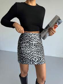 Women's Leopard Print Mini Skirt - High Waist Slim Fit Bodycon Skirt - Grey - View 1