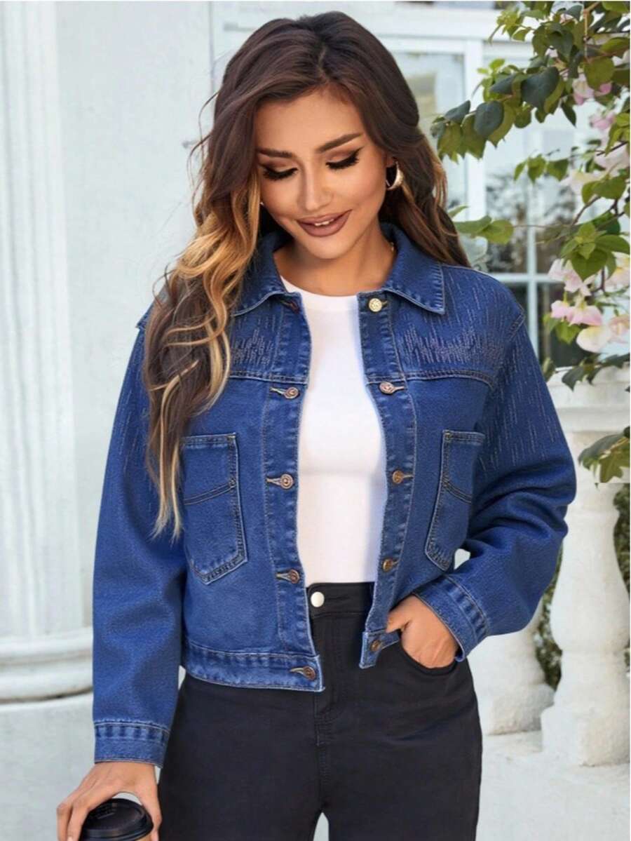 Chamarra mezclilla dama mujer casual lentejuelas brillos fiesta oficina juvenil manga larga moderna sexy corta crop dia noche formal festejo escuela clases trabajo comoda suelta vacaciones viaje aeropuerto antro roto desgarrado deshilachado surprise jeans - Azul - Ver 1