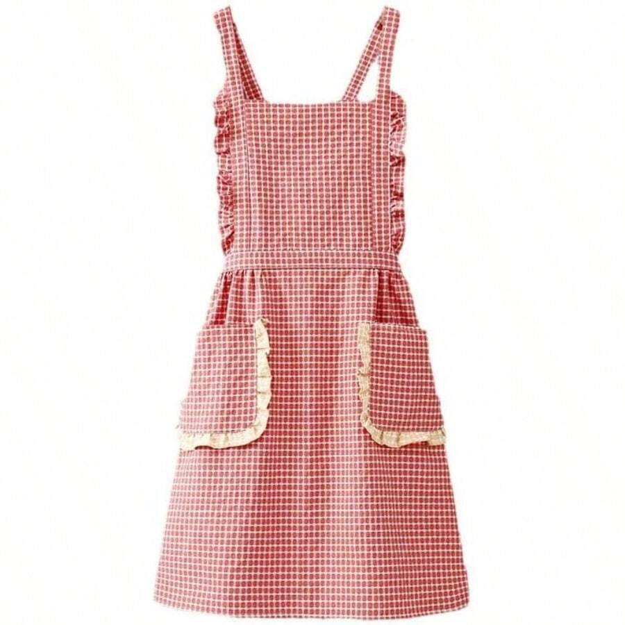 FWQGQEG Vintage Ladies Aprons, Pinafore Apron Dress For Women Girls, Cute Floral Slim Aprons Chef Aprons, Gift For Women - 磚紅色 - 查看 1