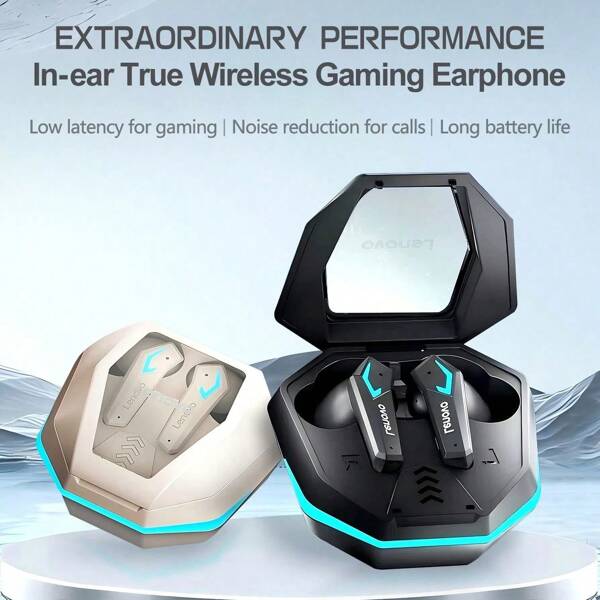 Lenovo Lenovo TG102 Wireless Gaming Earbuds With ANC, 40ms Low Latency, HD Stereo Sound, 30H Playtime, Secure-Fit Earhooks For Sports, RGB Charging Case For Mobile/PC Gaming