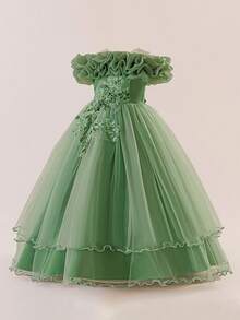 Tween Girls Sequin & Faux Pearl Applique Tulle Puff Party Princess Dress, Suitable For Birthday Celebration, Prom, Faux Pearl Decor, No Headband Included - màu xanh lá - Xem 3