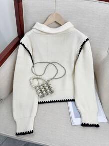 Half-Zip High Neck Patchwork Knit Sweater, Loose Design Casual Pullover Top - White - View 6