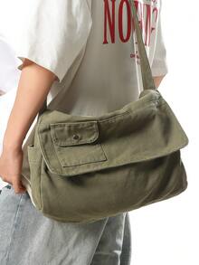 1pc Military Green Vintage Minimalist Flap Shoulder Bag, Thick Washed Canvas Casual Versatile Large Capacity Messenger Bag, American College Style, Suitable For School, Short Trip, Simple Street Bag - Army Green - View 2