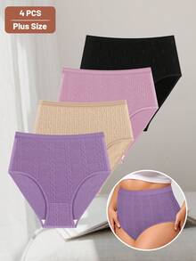 MEIYATING 4pcs Plus Size Women Cotton High Waist Seamless Panties, Jacquard Pattern, Comfortable Fit, Tummy Control - Multicolor - View 6