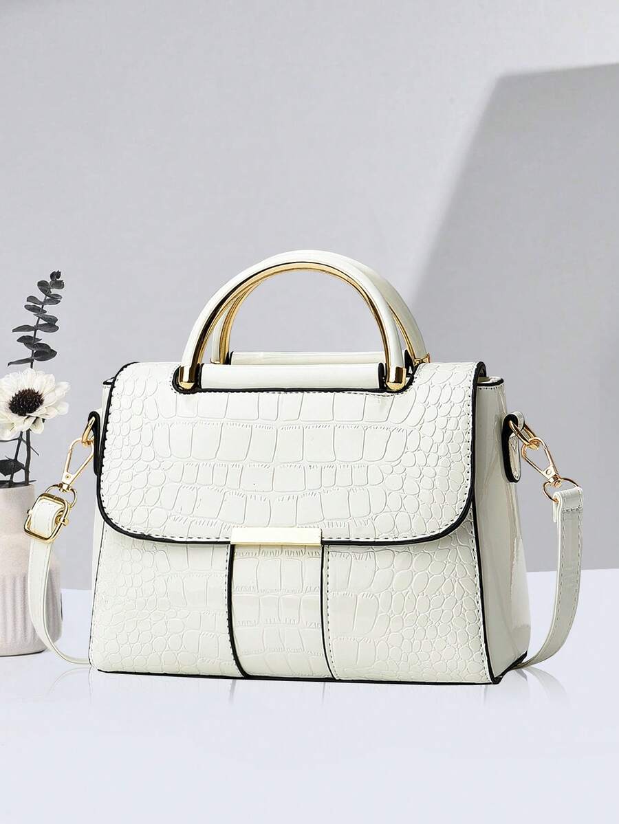 女士优雅鳄鱼压纹单肩包 - 轻巧大容量多功能斜挎包/手提包，磁扣设计，金色金属配件和可调节肩带，适合女孩、女士、大学生、新人和白领，适合休闲和正式场合（白色、卡其色、粉色、蓝色、黑色），鳄鱼皮钱包 - 白色 - 查看 1