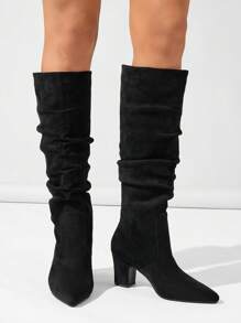 Women's Fashionable Hot-Selling Pointed Toe Pleated High Heel Suede & Leather Knee-High Slip-On-On Black Boots, Autumn/Winter - Black - View 4