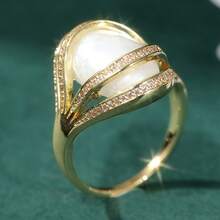 Bague vintage de luxe en or empilable avec faux moonstones pour femmes - Doré - Voir 3