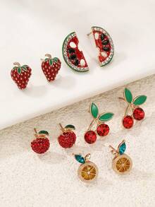 5 对时尚水果设计水钻耳环套装，西瓜、柠檬、草莓、苹果，优雅迷你彩色耳环，适合女士日常佩戴和派对配饰，礼物