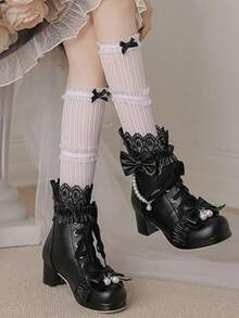 Platform Sweet Bow  Ankle Boots For Women Lace Goth Chunky Mid Heel Boots With Pearl Comfort Lace Up Princess Booties - Black - View 7