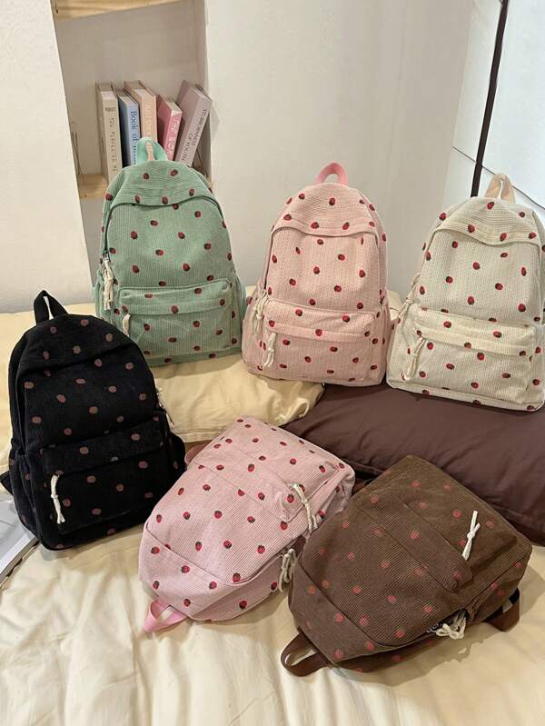 Fashionable And Cute Large Capacity Foldable Corduroy Strawberry Pattern Zipper Style Student Backpack Suitable For Traveling&Shopping With Friends And Back To School