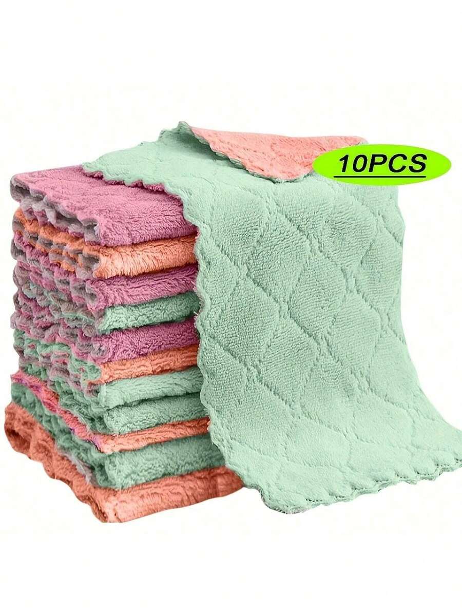 10 件随机颜色超强吸水超细纤维厨房洗碗布高效餐具家用清洁毛巾 - 杏色 - 查看 1