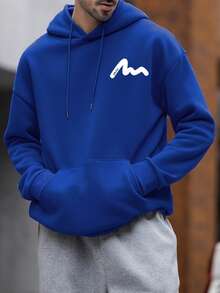 Men's Text Print Drawstring Hooded Sweatshirt, For Fall Winter, Long Sleeve Top - Blue - View 3