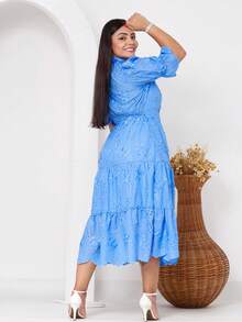 Women's Midi Dress With Embroidered Laise, All-Over Print, Embroidery, Button, Ruffle, Gathered, Formal And Evening - 3D Blue - View 3