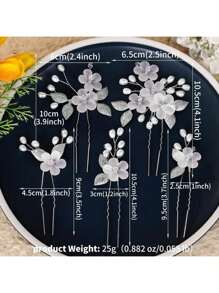 5件套白色亚克力花朵银色叶子U型发夹发饰，新娘、婚礼派对、伴娘、礼服装饰，情人节配饰