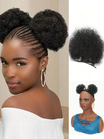 2pcs African Fluffy Hair Clips - Handmade Curly Hairstyle, Suitable For Birthday Party, Gift And Casual Outfit. Black Heat-Resistant Synthetic Fiber Hair Accessories