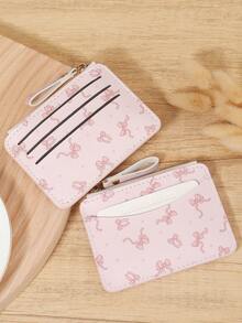 粉色蝴蝶结爱心图案拉链小钱包零钱包小钱包双折超薄女士钱包迷你薄、轻便、多层便携、身份证、信用卡简约、时尚、现代、商务、周年纪念、生日礼物、礼物、女孩、女士、女性、学校宿舍和返校用书包 - 粉色 - 查看 3