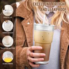 2 PCS Drinking Glass Sets With Straws And Lids, Contain 2 Glass Cups, 2 Lids, 2 Straws And Brush, Best For Iced Coffee, BOBA, DIY Drinking, Great Gift For Helloween, Christmas, Thanks Giving - 白色 - 查看 5