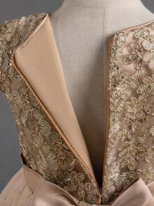 Princess Girls Embroidered Tulle Bow Decor Birthday Party Dress Formal Wear Flower Girl Wedding Pageant Long Gown - Rượu sâm banh - Xem 6