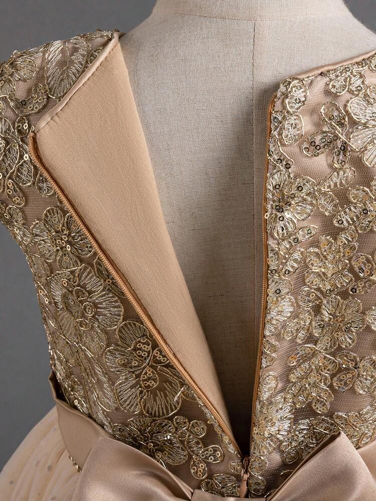 Vestido de princesa para niña, de tul bordado con lazo, para fiesta de cumpleaños, formal, para niña de las flores, para boda, desfile, largo - Champán - Añade 6