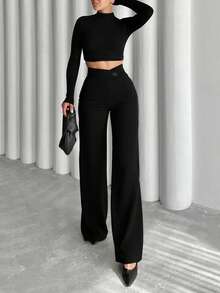 Pantalones rectos casuales y elegantes para mujer, un elemento esencial para volver a la escuela. La cintura asimétrica en V acentúa las curvas, adecuado para uso diario, oficina, citas, vacaciones y talla grande. - Negro - Ver 8