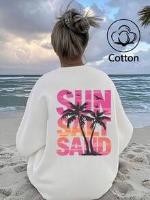 Women's Coconut Tree & Letter Print Loose Fit Crew Neck Sweatshirt, Vacation & Casual - White - View 2