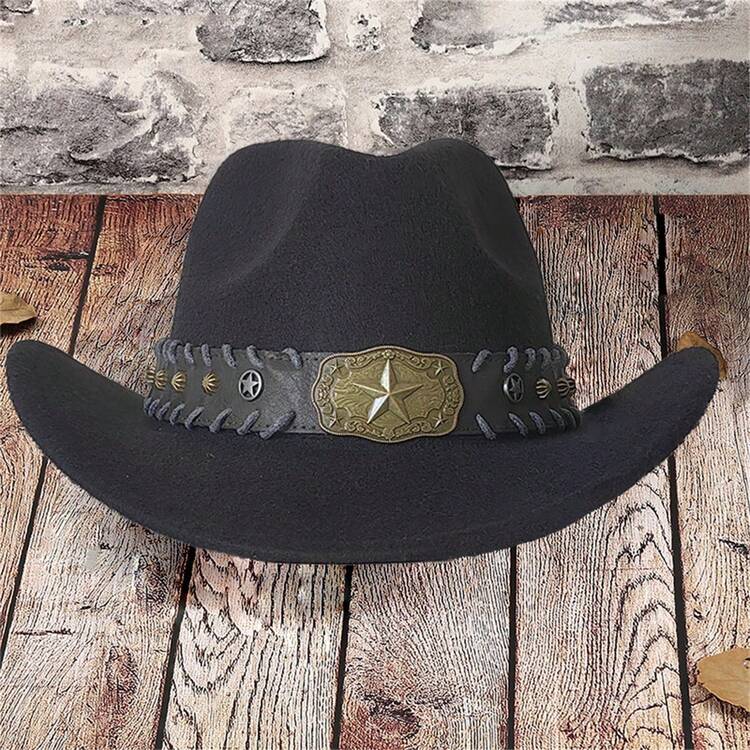 Retro Suede Cowgirl Hat For Women Men Star Belt Wide Brim Western Cap For Outdoor, Party - Black - View 2