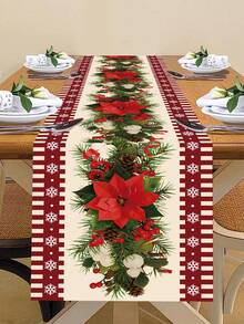 1Pc Christmas Polyester Table Runner Table Cloth Table Cover,Red Snowflake Edge Pine Tree Branch Red Flower Pattern Merry Christmas Table Flag,Christmas Atmospheric Decoration Supplies,Holiday Desktop Decoration,Fireplace Cabinet Decor,Xmas Party Decor,Home Decor,Table Decor,Christmas Decor ,Christmas Ornaments