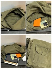 1pc Military Green Vintage Minimalist Flap Shoulder Bag, Thick Washed Canvas Casual Versatile Large Capacity Messenger Bag, American College Style, Suitable For School, Short Trip, Simple Street Bag - Army Green - View 10