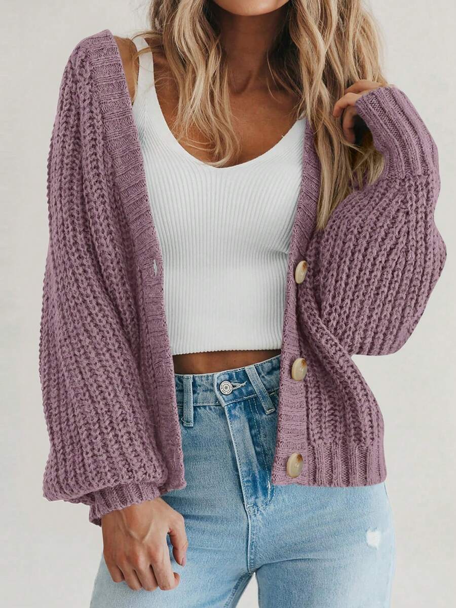 Women's Fall Chunky Knit Open Front Sweater Long Sleeve Button Loose Short Cardigan Outerwear Coats - Sương mù xanh tím - Xem 1