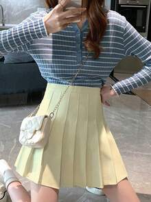 Summer Casual Solid Color Pleated Mini Skirt - Apricot - View 2