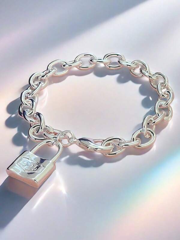1 Stück neue versilberte große Schloss-Armband, dicke Handgelenkkette