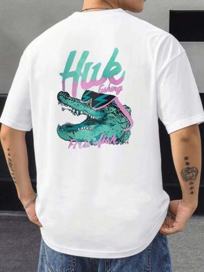 Crocodile Fishing Tee Graphic , Men's Double-Sided Printed Fashionable Casual Crew Neck 220gsm Pure Cotton T-Shirt(1 PC)