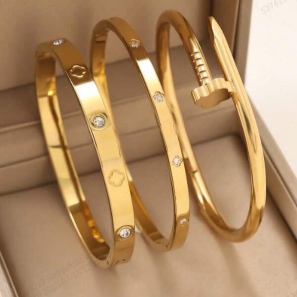 3pcs/1pc Fashion 18K Gold Plated Stainless Steel Four-Leaf Clover Nail Bracelet, Suitable For Women's Party, Daily Wear, European And American Style, Personalized, Generous, Luxury Cubic Zirconia Wristband, Wedding Jewelry Set, Gift For Girls, Women, Relatives, Friends, Beautiful Wedding, Birthday, Valentine's Day