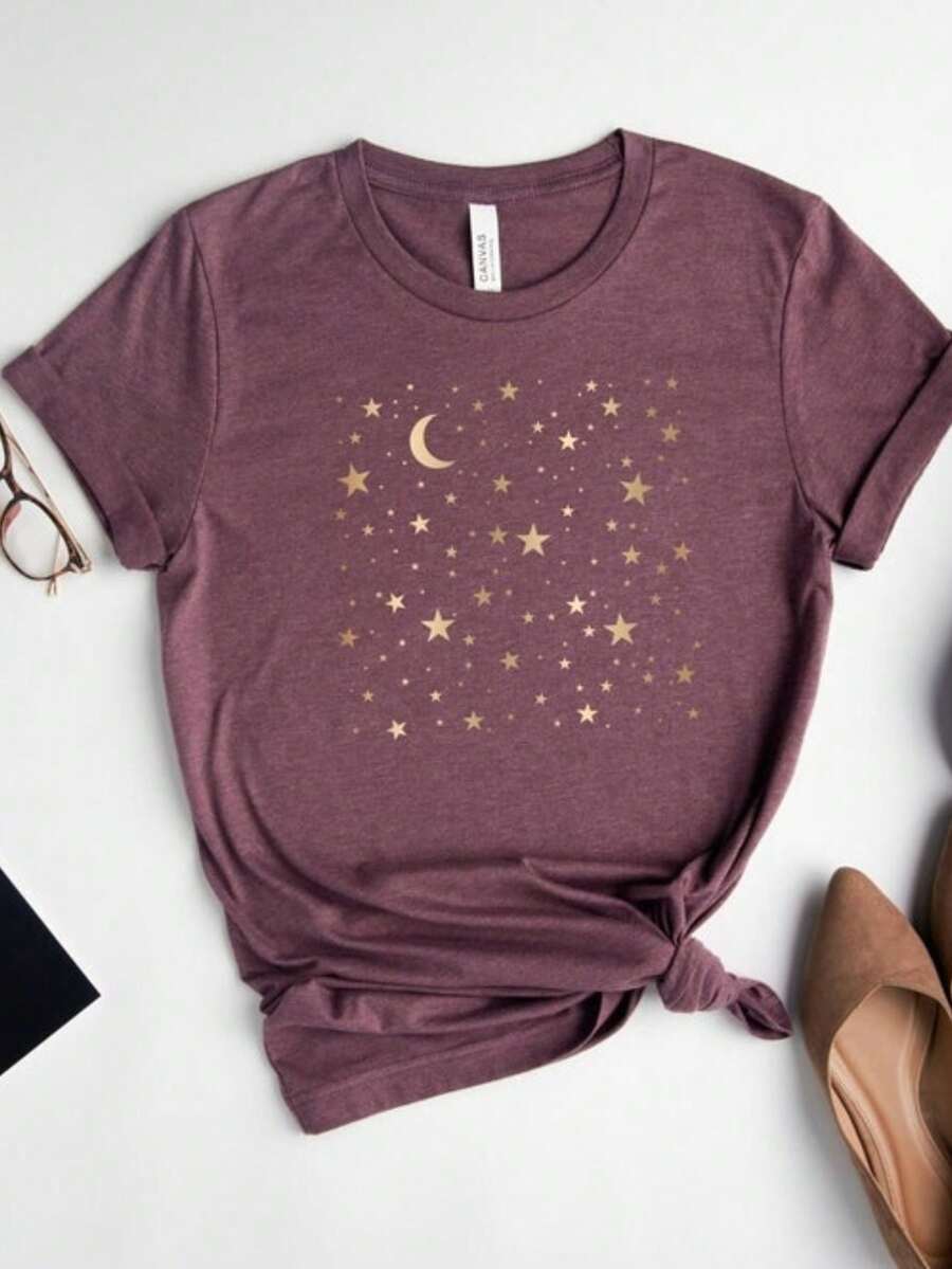 Stylish Women's T-Shirt Square Star Shirt With Crescent Moon Print New Arrival 100% Cotton T-Shirt Loose Oversized Plus Size T-Shirt - 酒紅色 - 查看 1