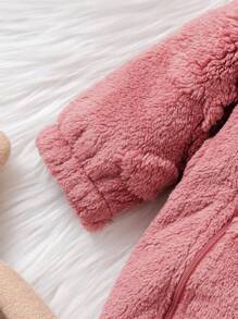 1pc Baby Girl Fleece Hooded Footed Romper, Front Zip Closure Long Sleeve Jumpsuit, Comfortable And Warm Daily Outfit For Newborn