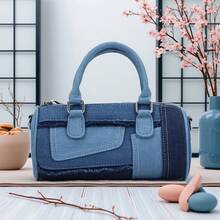 Ladies' Cross Body Bag, Two-Color Denim Patchwork Single-Shoulder Bag (Black Dark Blue Style, Blue Light Blue Style), White Stitching Craftsmanship, Top Single-Shoulder Strap, Versatile For Work And Daily Use, Suitable For Work And Dates, Holiday Gifts. - 藍色 - 查看 1