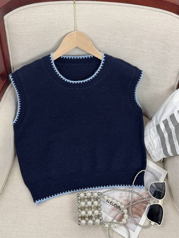 Koreanischer Stil weiche gestrickte Weste für Frauen, Rundhalskurzes Design Kontrastfarben Layering Pullover Weste, Frühling & Herbst