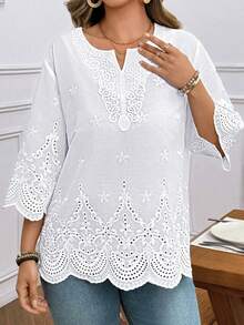 Blus Lengan 3/4 Leher V Berenda Modis, Koleksi Terbaru Musim Semi/Panas Warna Putih - Putih - View 4