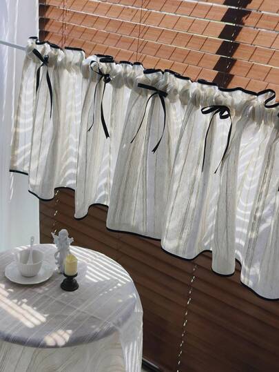 1 buah Tirai Pendek Bergaya Pedesaan dengan Tekstur Linen Imitasi, Dihiasi dengan Tali Pita Hitam, Serbaguna untuk Dapur, Ruang Makan, Lemari, dan Lorong, Mudah Perawatan dan Dapat Dicuci, Dekorasi Rumah Pertanian Transparan