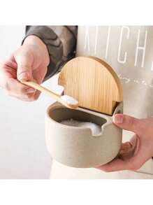 1 Stück/3 Stücke/4 Stücke grobes Keramik Gewürzglas Set mit Holztablett, beinhaltet Salz, Zucker, Hühnerbrühe, getrocknete Chilispeicher Behälter mit Löffeln, geeignet für Küche, Esszimmer, Outdoor Grill, wiederverwendbar