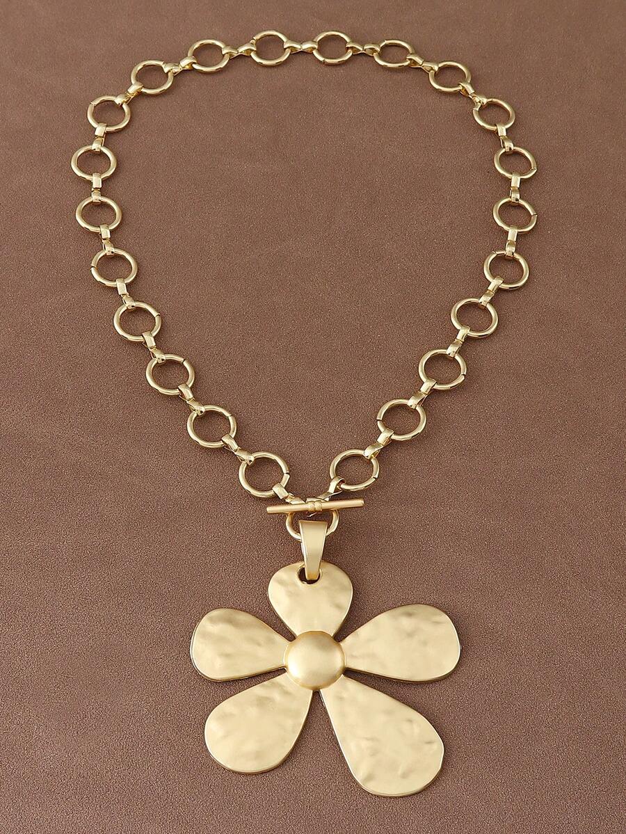 1 件时尚哑光金色/银色大号锤纹花朵吊坠粗链个性项链适合女性日常佩戴 18 英寸 + 2 英寸延长链