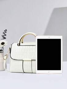女士优雅鳄鱼压纹单肩包 - 轻巧大容量多功能斜挎包/手提包，磁扣设计，金色金属配件和可调节肩带，适合女孩、女士、大学生、新人和白领，适合休闲和正式场合（白色、卡其色、粉色、蓝色、黑色），鳄鱼皮钱包 - 白色 - 查看 4